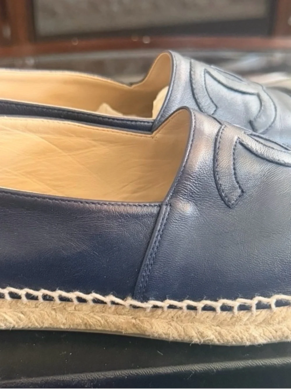 CHANEL Navy and Black Leather Espadrille Slip-Ons